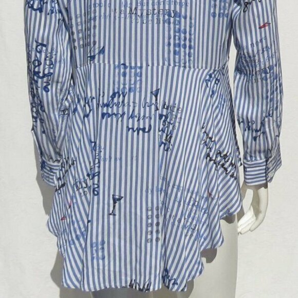 CHICO’S White Blue Striped Conversational Rayon Hi Lo Shirt Tunic Top - Picture 4 of 9
